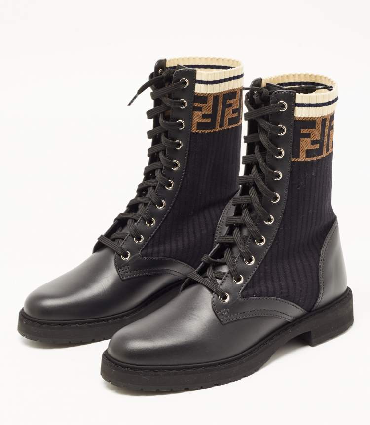 Pre Owned Fendi Black  Leather And FF Motif Detail Stretch Fabric Rockoko Combat Boots Size 39