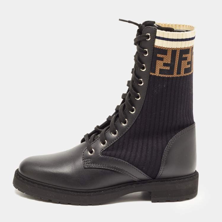 Pre Owned Fendi Black  Leather And FF Motif Detail Stretch Fabric Rockoko Combat Boots Size 39