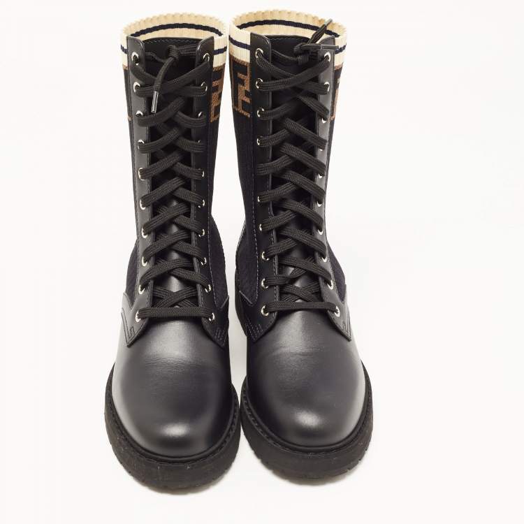 Pre Owned Fendi Black  Leather And FF Motif Detail Stretch Fabric Rockoko Combat Boots Size 39