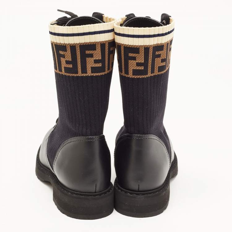 Pre Owned Fendi Black  Leather And FF Motif Detail Stretch Fabric Rockoko Combat Boots Size 39