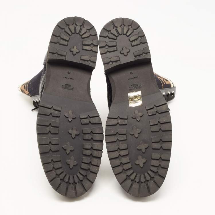 Pre Owned Fendi Black  Leather And FF Motif Detail Stretch Fabric Rockoko Combat Boots Size 39