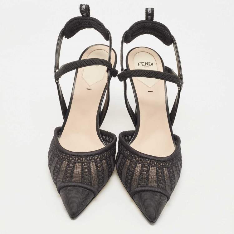 مم�لوكة مسبقًا Fendi Black Lace and Leather Colibri Lite Slingback Pumps Size 40
