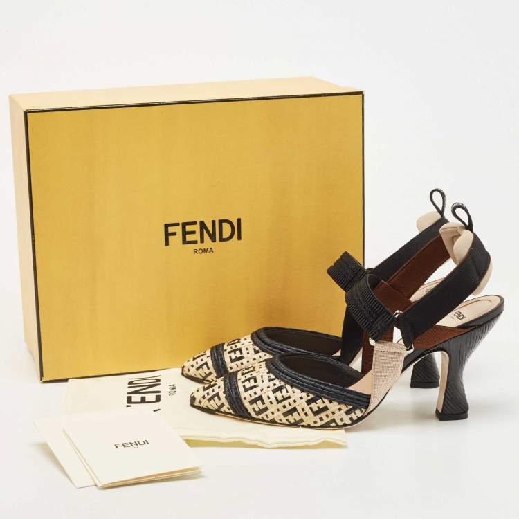 Pre Owned Fendi Black/Beige Raffia and Canvas Colibri  Pumps Size 40