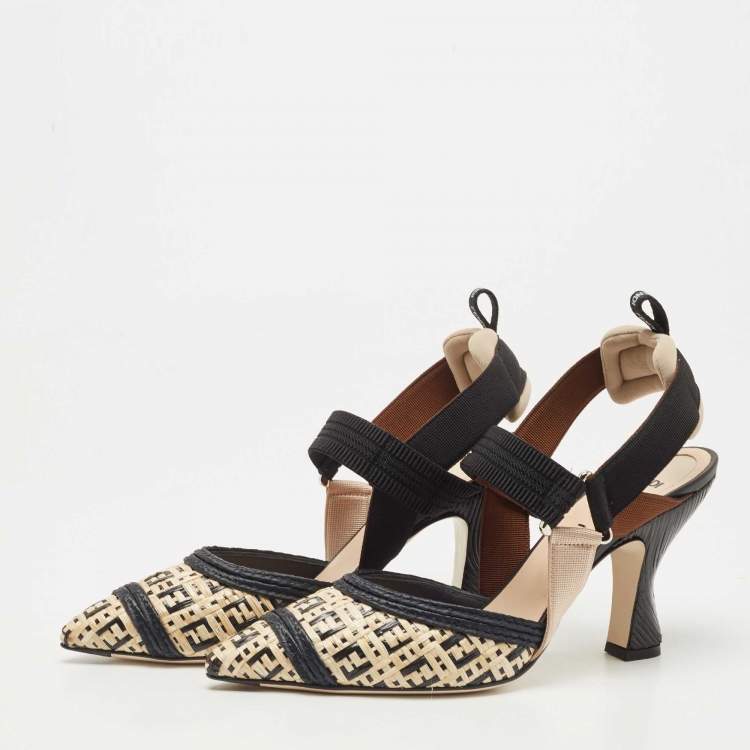 Pre Owned Fendi Black/Beige Raffia and Canvas Colibri  Pumps Size 40
