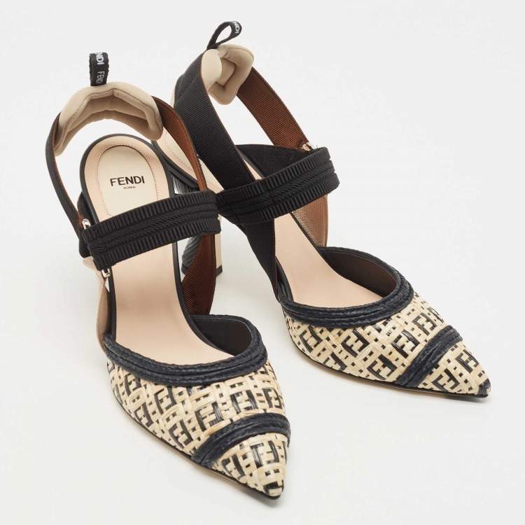 Pre Owned Fendi Black/Beige Raffia and Canvas Colibri  Pumps Size 40