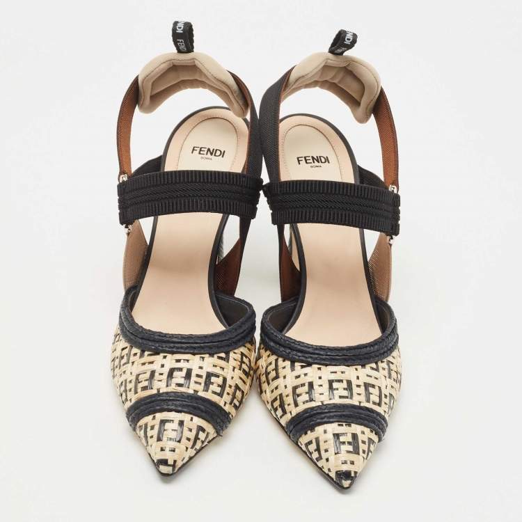 Pre Owned Fendi Black/Beige Raffia and Canvas Colibri  Pumps Size 40