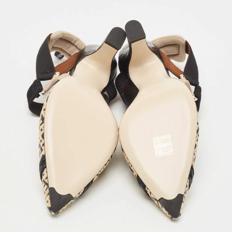 Pre Owned Fendi Black/Beige Raffia and Canvas Colibri  Pumps Size 40