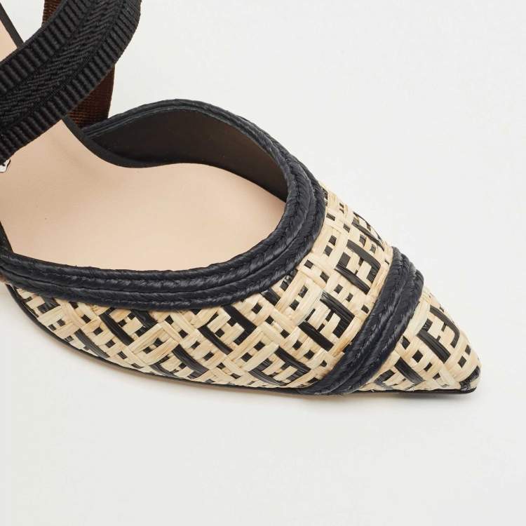 Pre Owned Fendi Black/Beige Raffia and Canvas Colibri  Pumps Size 40