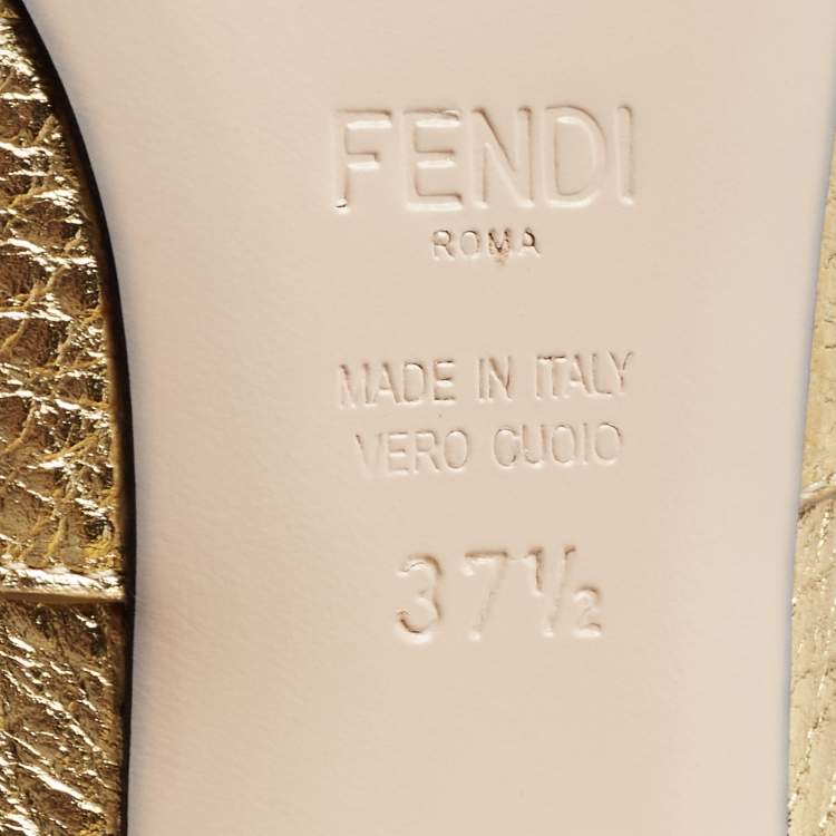 Pre Owned Fendi Gold Textured Leather Geometric Stud Loafer Pumps Size 37.5