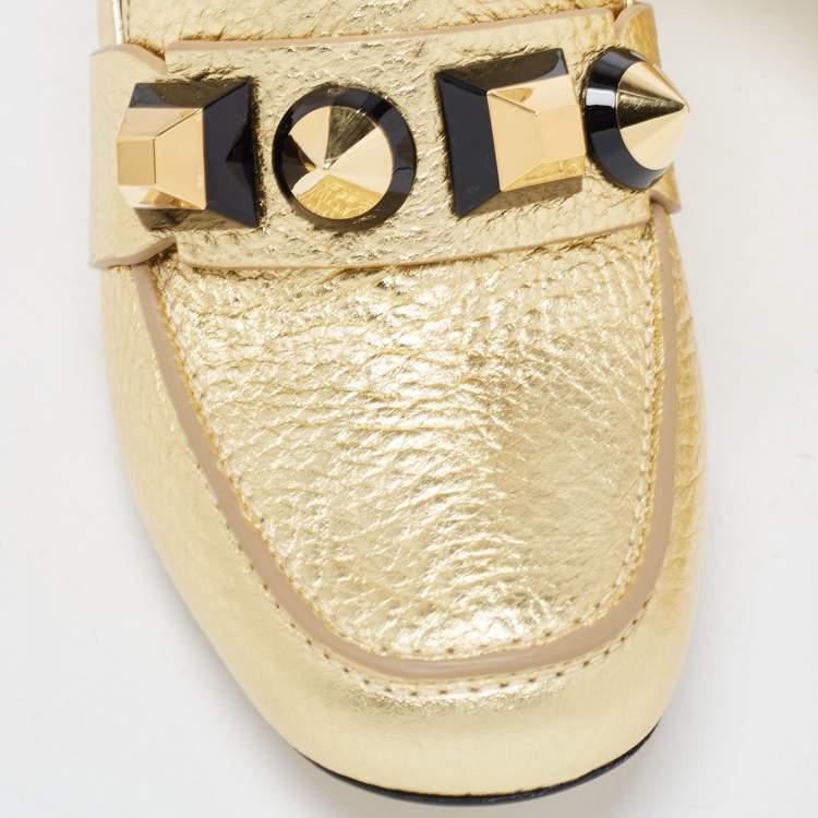 Pre Owned Fendi Gold Textured Leather Geometric Stud Loafer Pumps Size 37.5