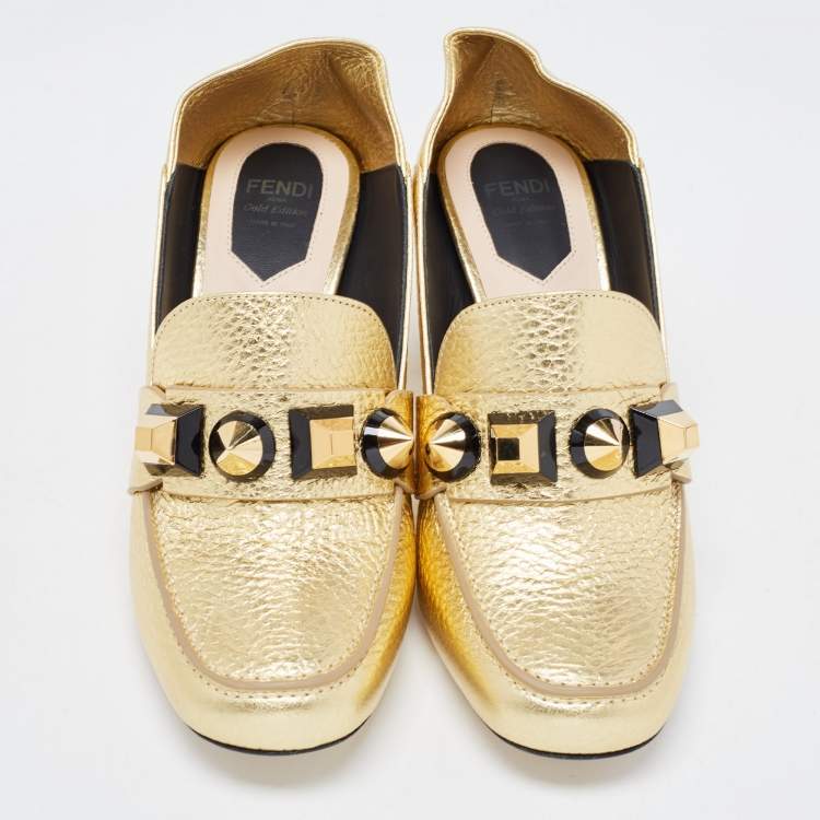 Pre Owned Fendi Gold Textured Leather Geometric Stud Loafer Pumps Size 37.5