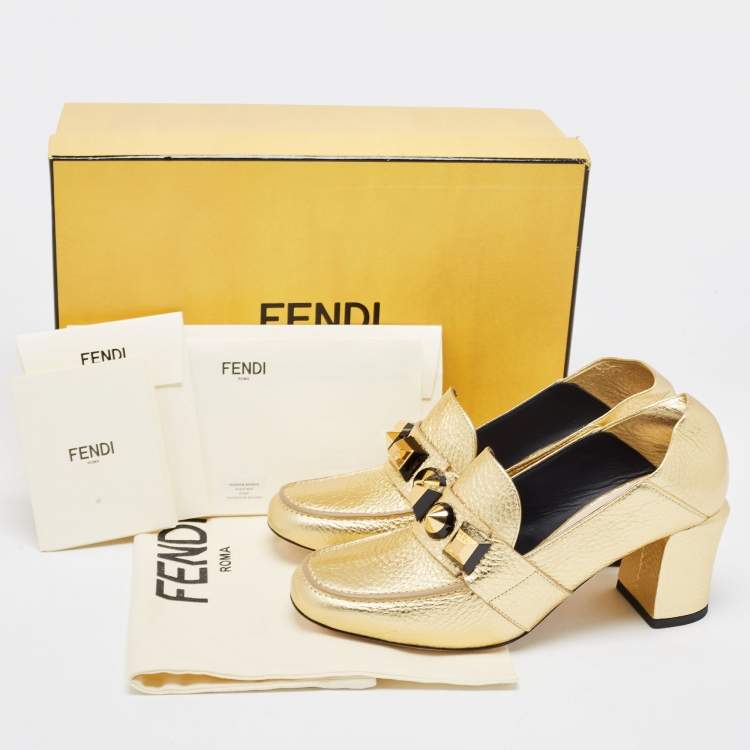 Pre Owned Fendi Gold Textured Leather Geometric Stud Loafer Pumps Size 37.5