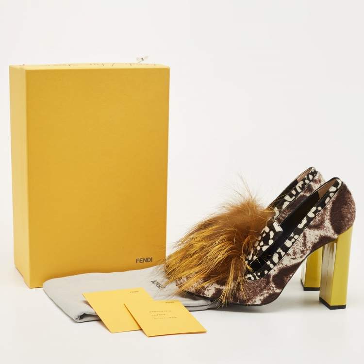 Pre Owned Fendi Brown Print Calf Hair And Fox Fur Block Heel Pumps Size 40