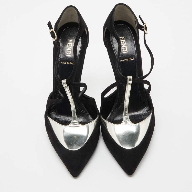 Pre Owned Fendi Black/Silver Suede and Leather Ankle Strap Pumps Size 40
