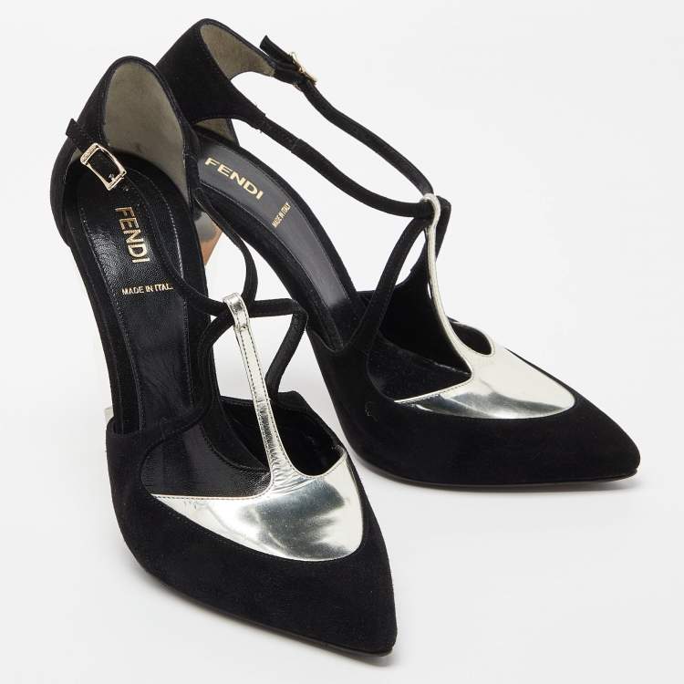 Pre Owned Fendi Black/Silver Suede and Leather Ankle Strap Pumps Size 40