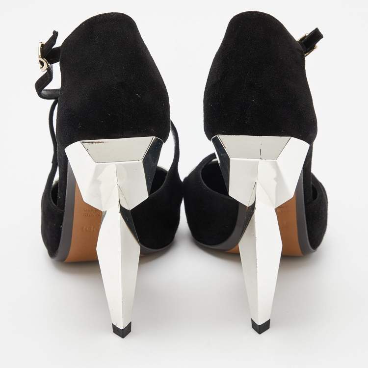 Pre Owned Fendi Black/Silver Suede and Leather Ankle Strap Pumps Size 40
