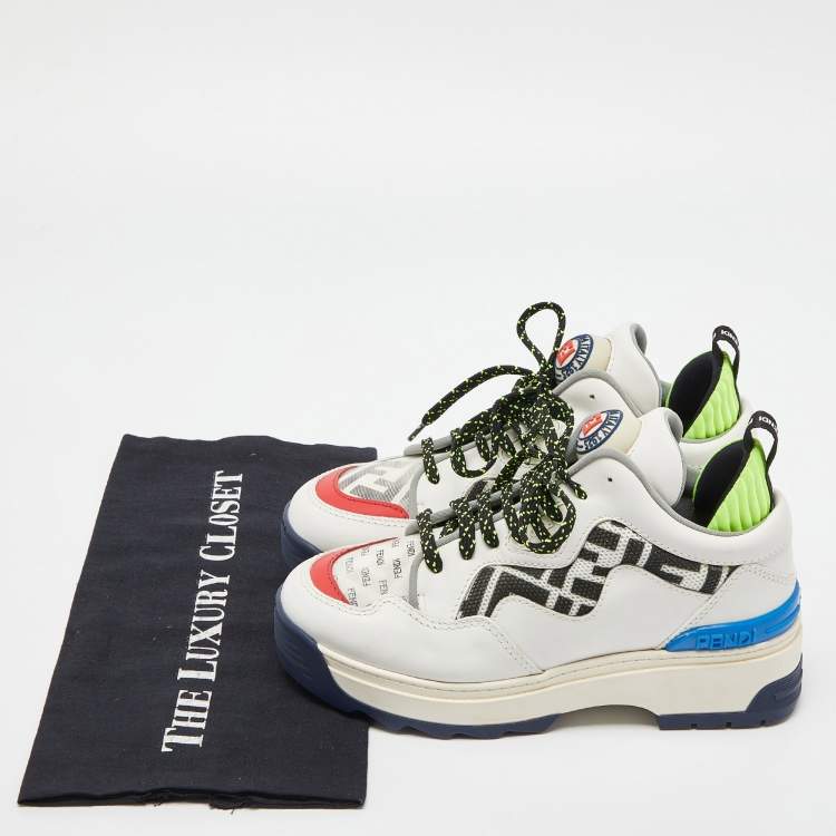 Pre Owned Fendi Multicolor Leather, Zucca Mesh and Logo PVC Low Top Sneakers Size 36