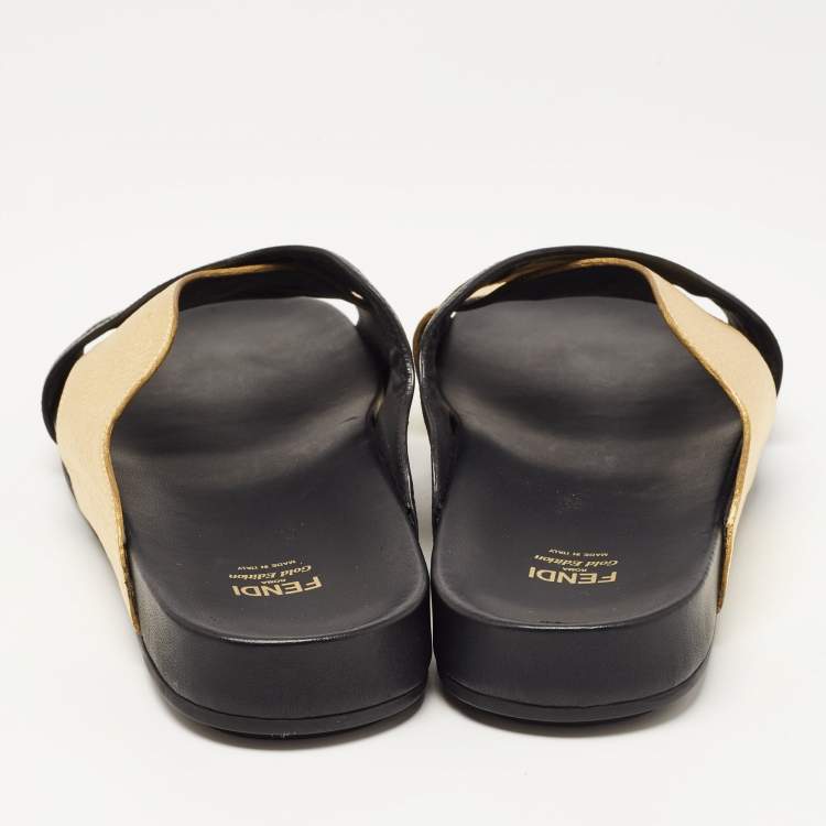مملوكة مسبقًا Fendi Black/Gold Leather Wave Slides Size 40
