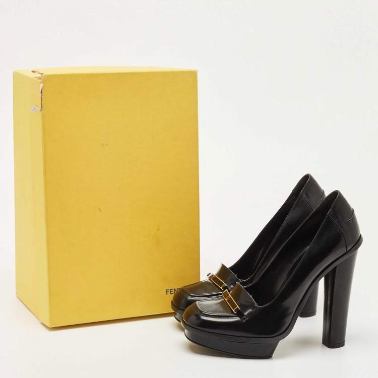 Pre Owned Fendi Black Leather Logo Loafer Pumps Size 38.5