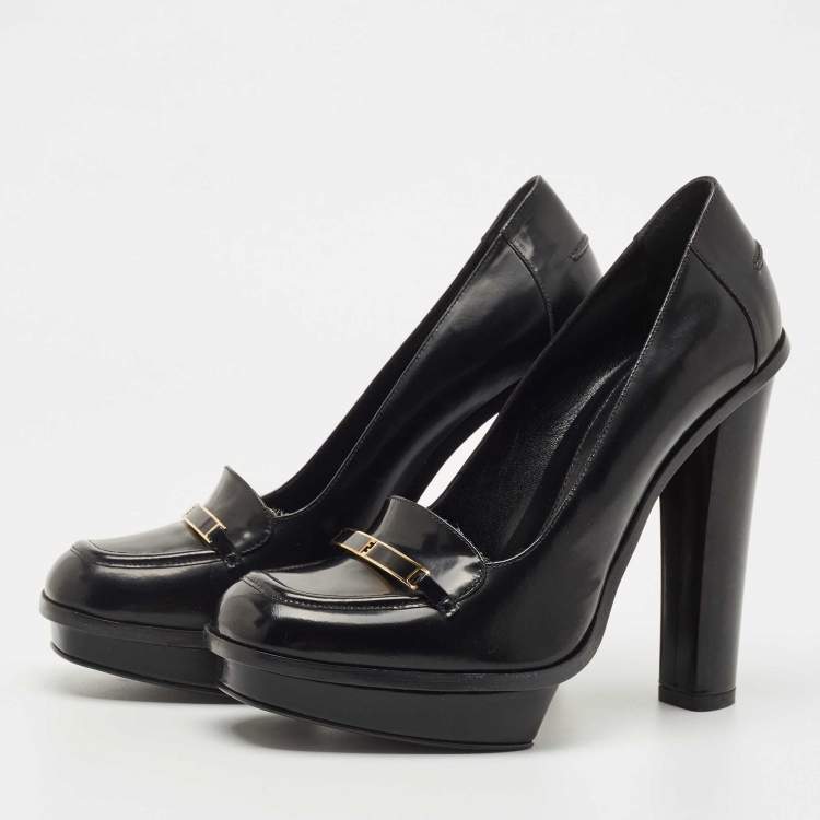 Pre Owned Fendi Black Leather Logo Loafer Pumps Size 38.5