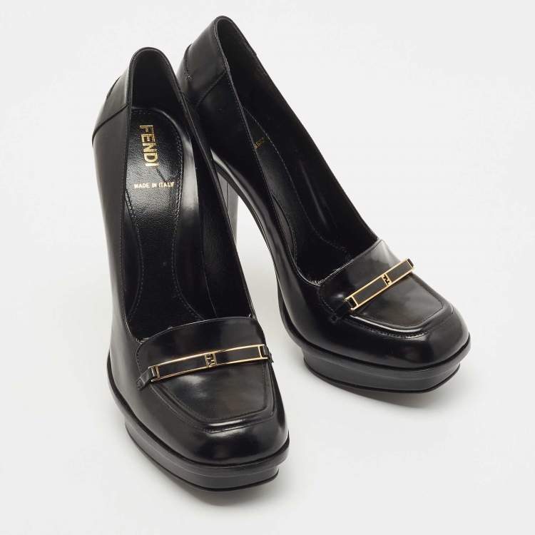 Pre Owned Fendi Black Leather Logo Loafer Pumps Size 38.5