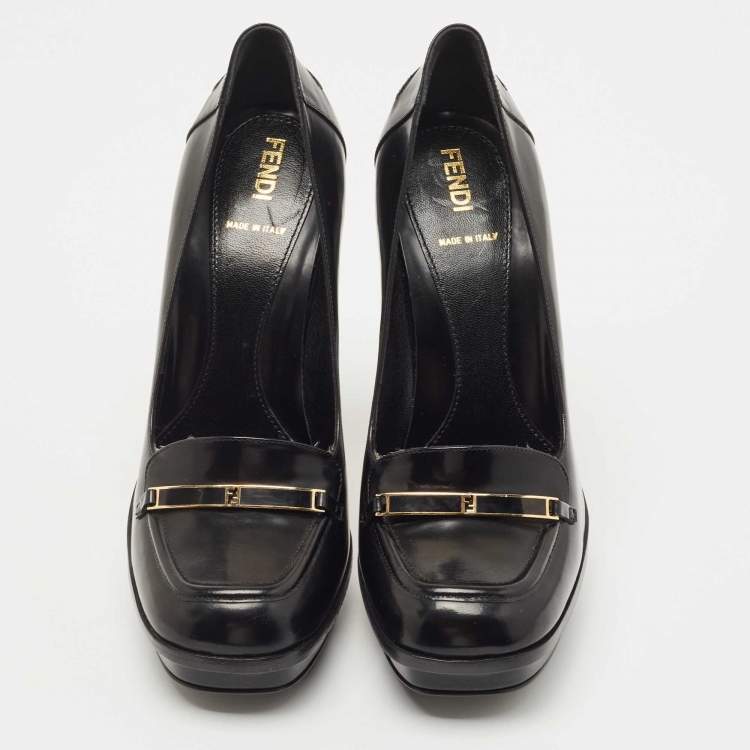 Pre Owned Fendi Black Leather Logo Loafer Pumps Size 38.5