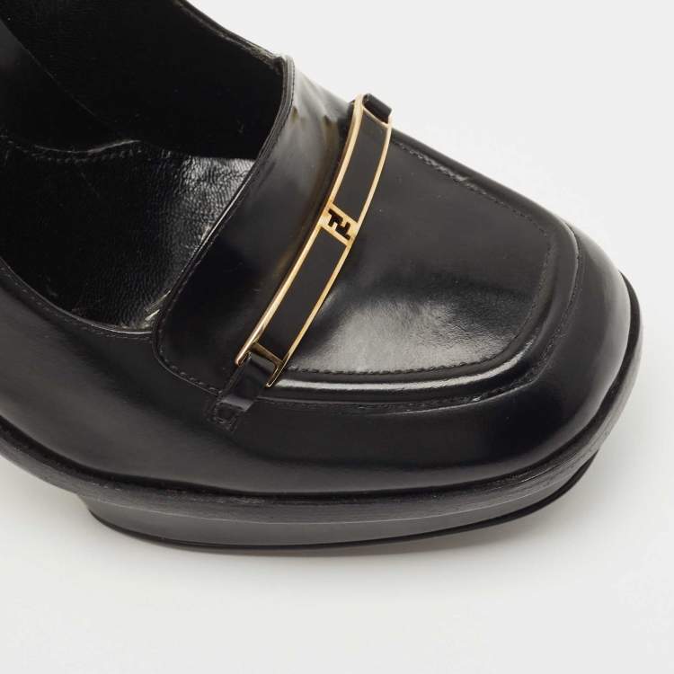 Pre Owned Fendi Black Leather Logo Loafer Pumps Size 38.5