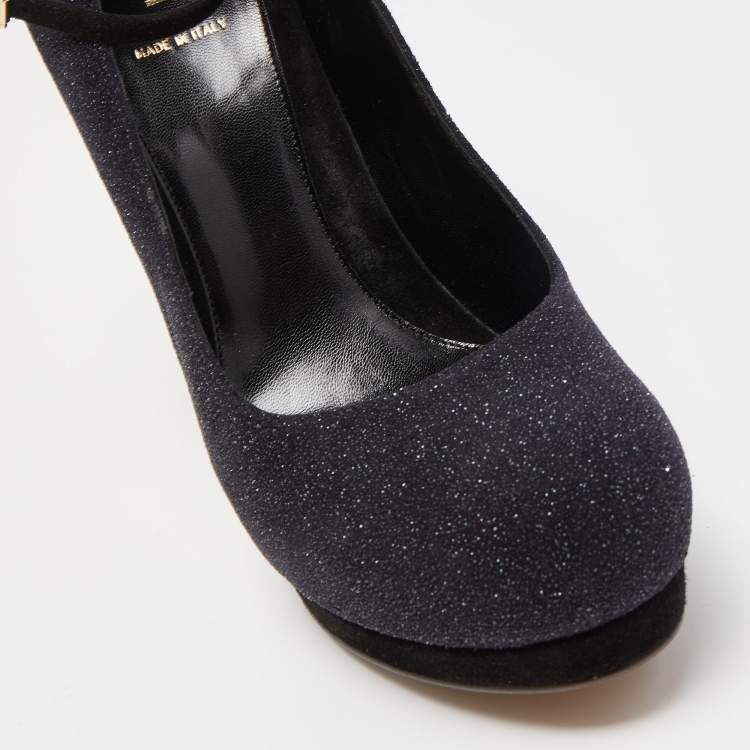 Pre Owned Fendi Black Glitter Suede Platform Ankle Strap Pumps Size 40