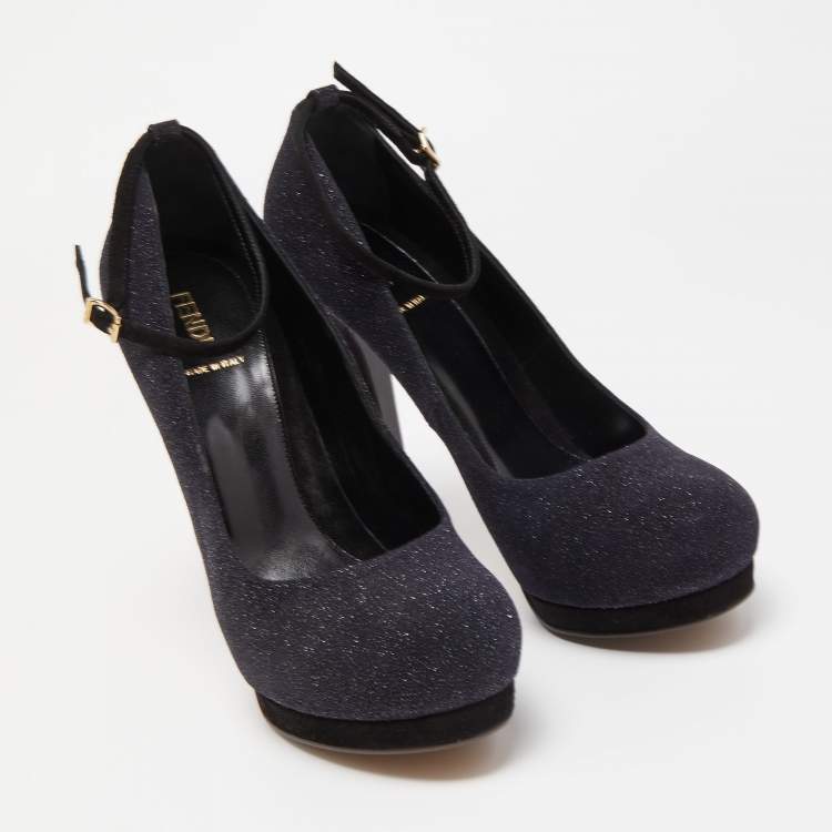 Pre Owned Fendi Black Glitter Suede Platform Ankle Strap Pumps Size 40