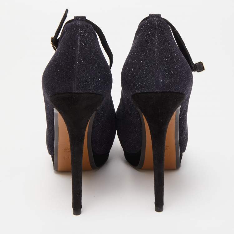 Pre Owned Fendi Black Glitter Suede Platform Ankle Strap Pumps Size 40