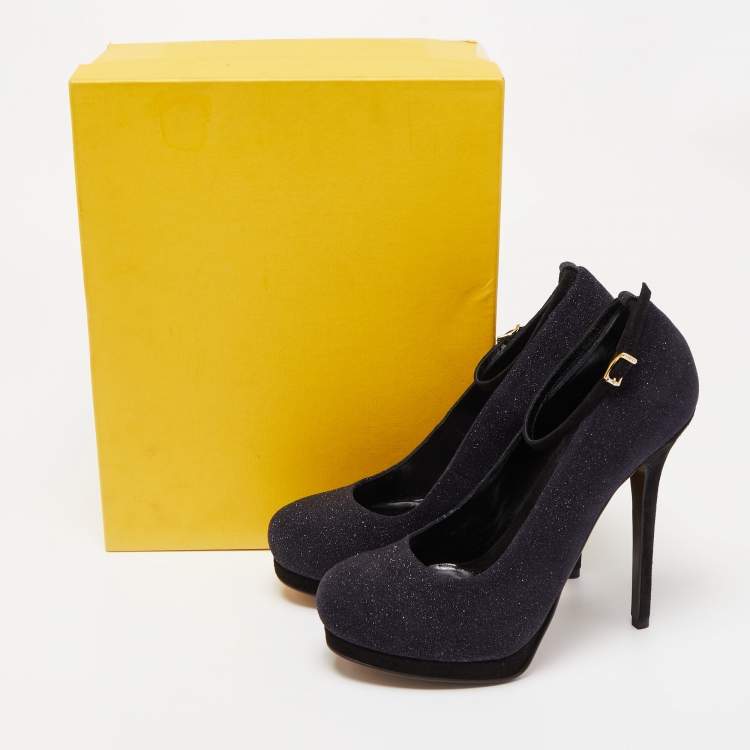 Pre Owned Fendi Black Glitter Suede Platform Ankle Strap Pumps Size 40