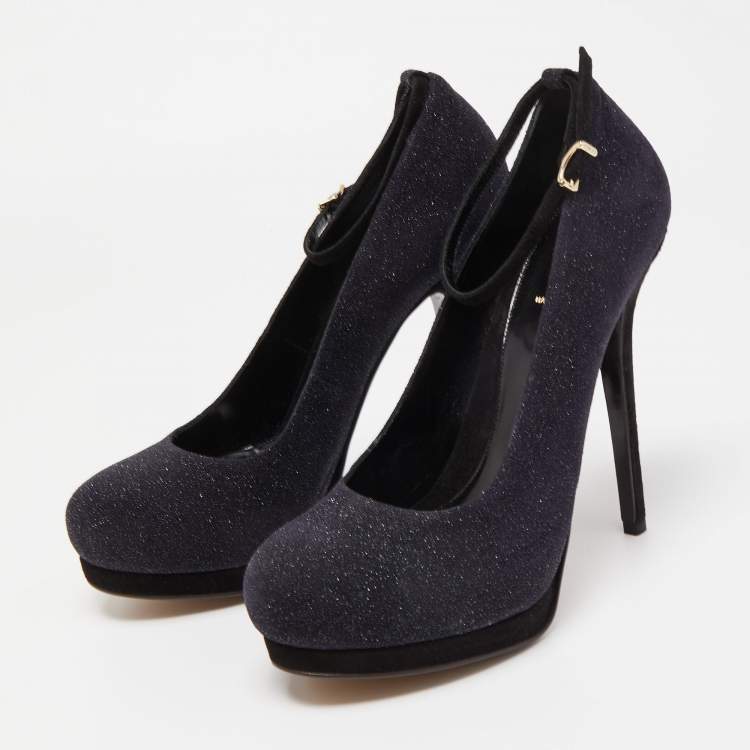 Pre Owned Fendi Black Glitter Suede Platform Ankle Strap Pumps Size 40