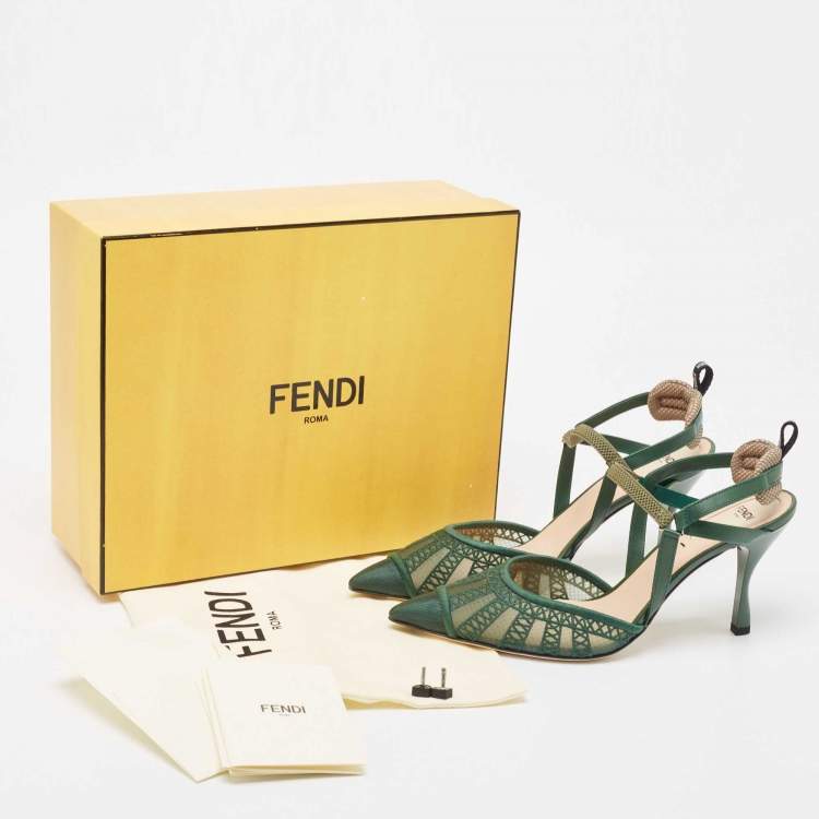 Pre Owned Fendi Green Mesh and Leather Colibri Lite Slingback Pumps 39.5