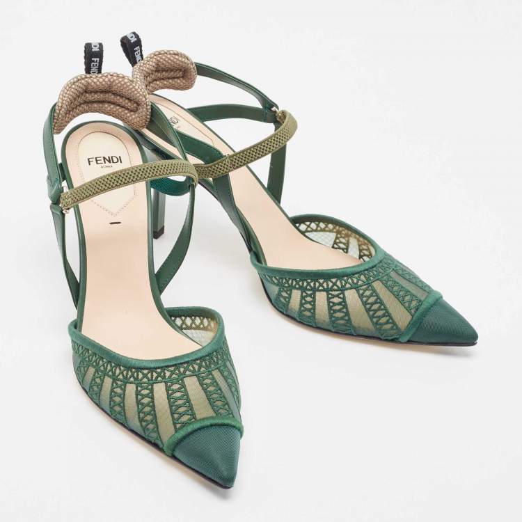 Pre Owned Fendi Green Mesh and Leather Colibri Lite Slingback Pumps 39.5
