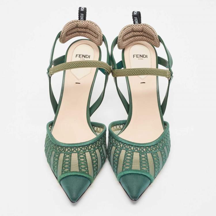 Pre Owned Fendi Green Mesh and Leather Colibri Lite Slingback Pumps 39.5