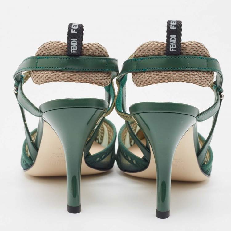 Pre Owned Fendi Green Mesh and Leather Colibri Lite Slingback Pumps 39.5