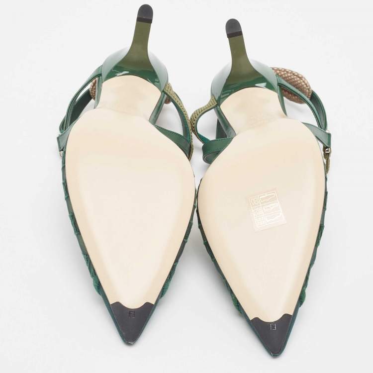 Pre Owned Fendi Green Mesh and Leather Colibri Lite Slingback Pumps 39.5