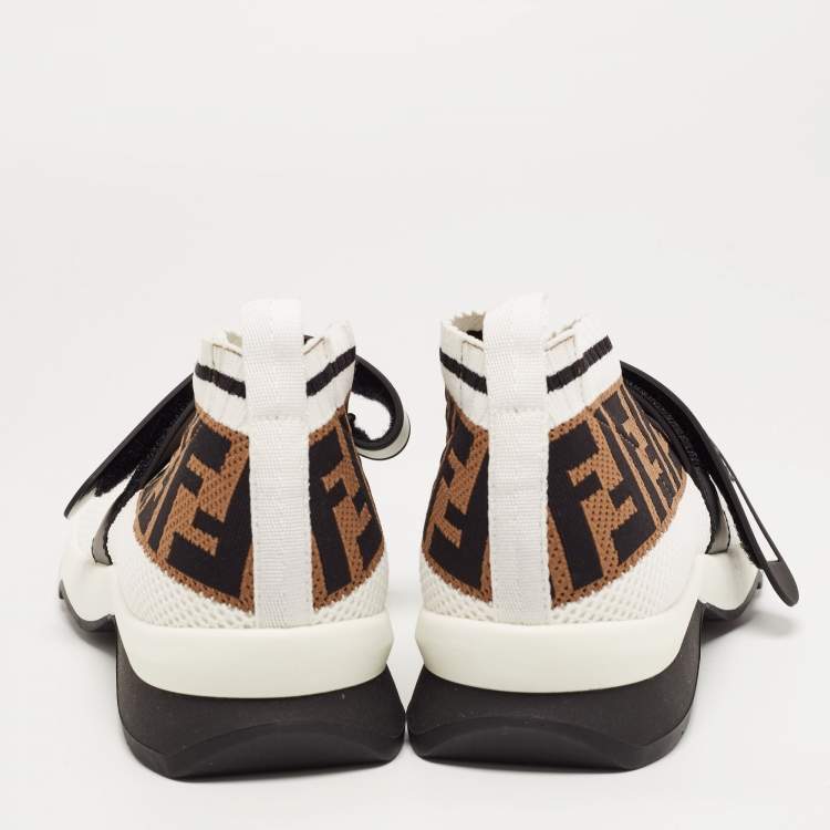 Pre Owned Fendi White/Brown Monogram Mesh Rockoko Velcro Strap Low Top Sneakers Size 38