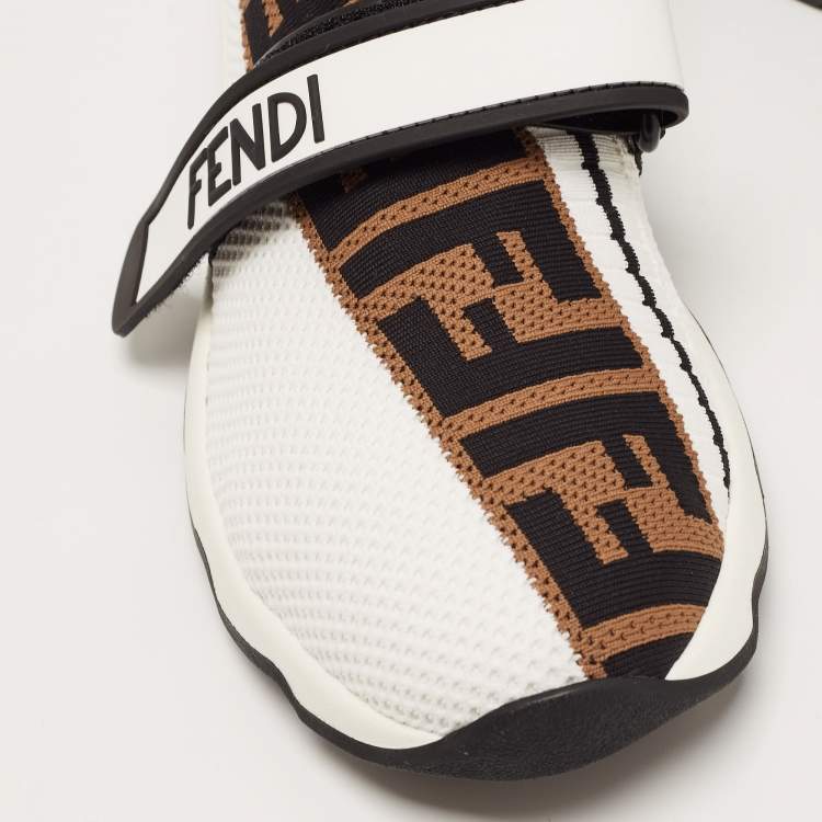 Pre Owned Fendi White/Brown Monogram Mesh Rockoko Velcro Strap Low Top Sneakers Size 38