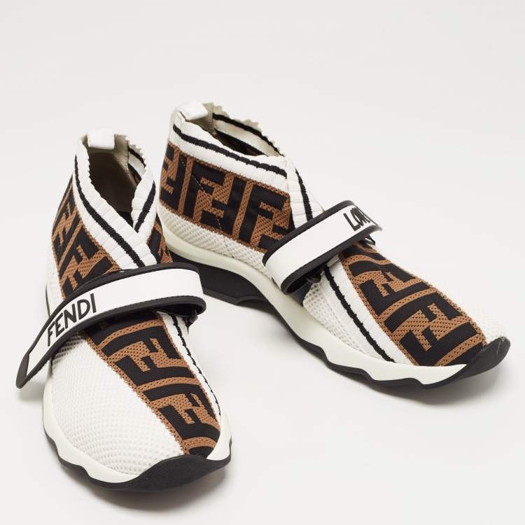 Pre Owned Fendi White/Brown Monogram Mesh Rockoko Velcro Strap Low Top Sneakers Size 38