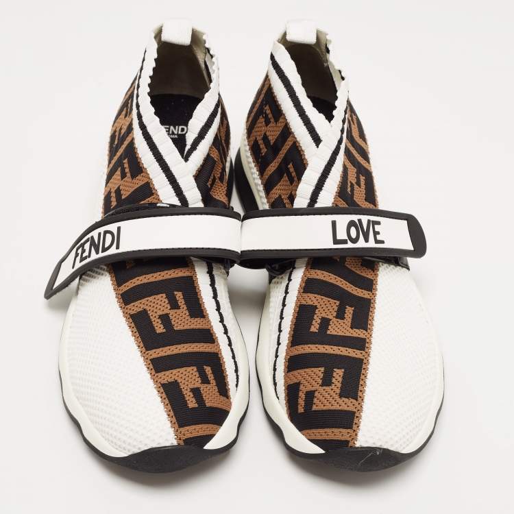 Pre Owned Fendi White/Brown Monogram Mesh Rockoko Velcro Strap Low Top Sneakers Size 38