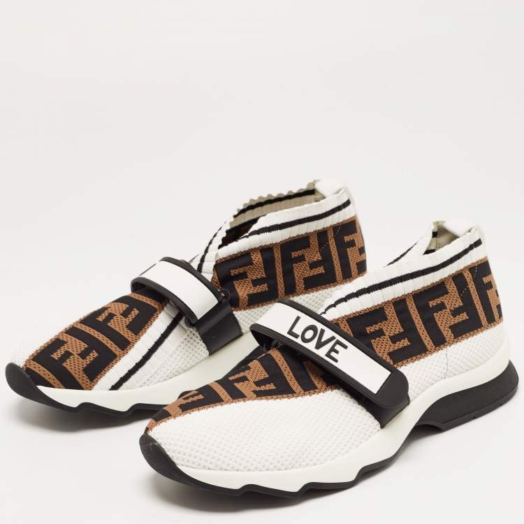 Pre Owned Fendi White/Brown Monogram Mesh Rockoko Velcro Strap Low Top Sneakers Size 38