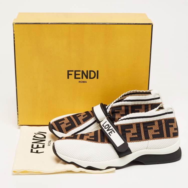 Pre Owned Fendi White/Brown Monogram Mesh Rockoko Velcro Strap Low Top Sneakers Size 38