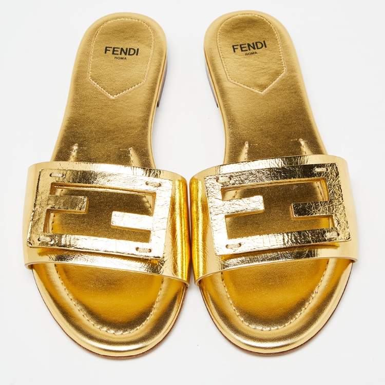 Pre Owned Fendi Metallic Gold Leather Baguette Flat Slides Size 38