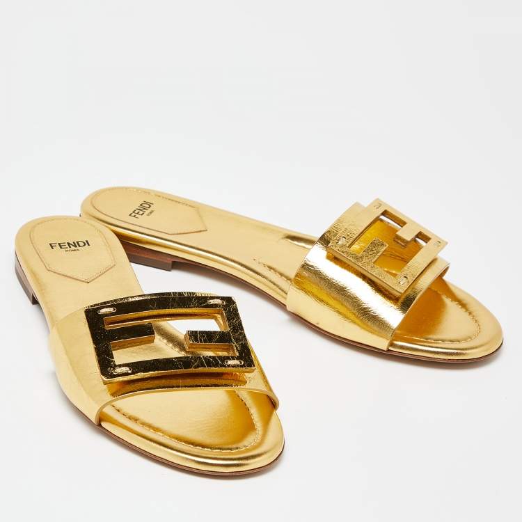 Pre Owned Fendi Metallic Gold Leather Baguette Flat Slides Size 38