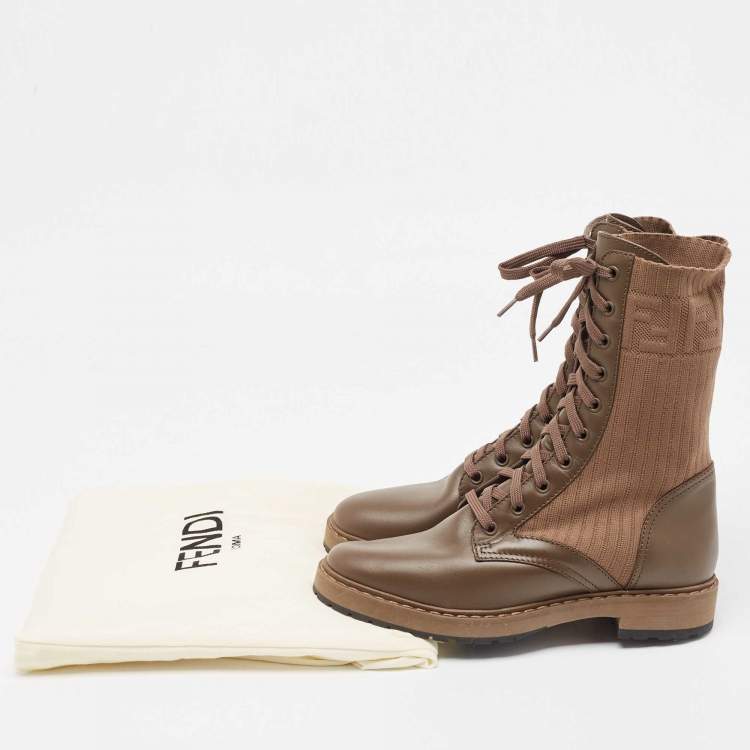 Pre Owned Fendi Brown Leather And Fabric Combat Boots Size 38