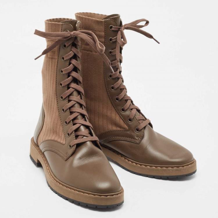 Pre Owned Fendi Brown Leather And Fabric Combat Boots Size 38