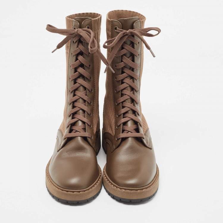 Pre Owned Fendi Brown Leather And Fabric Combat Boots Size 38