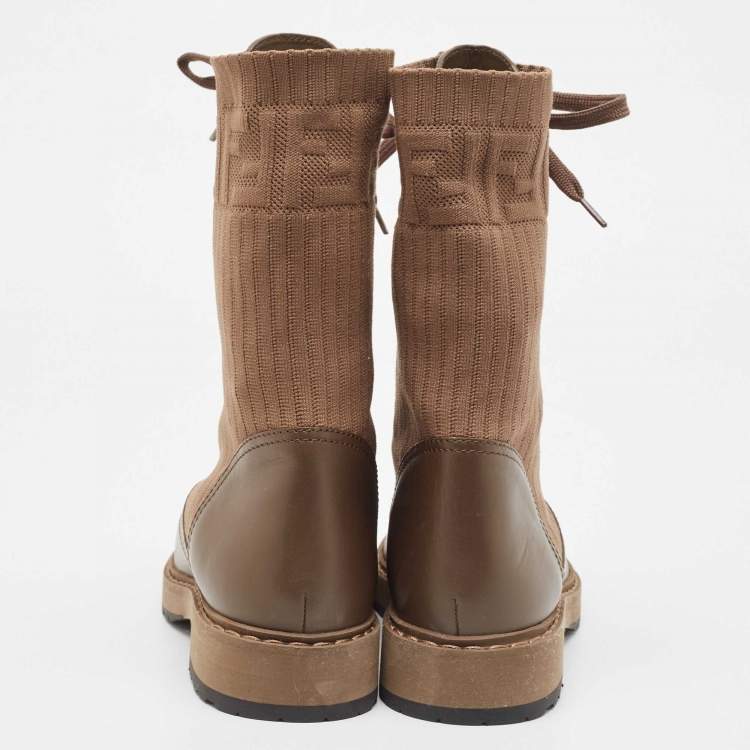 Pre Owned Fendi Brown Leather And Fabric Combat Boots Size 38
