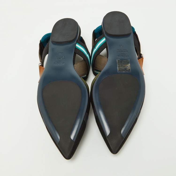Pre Owned Fendi Multicolor Zucca Mesh and Leather Colibri Slingback Flats Size 36
